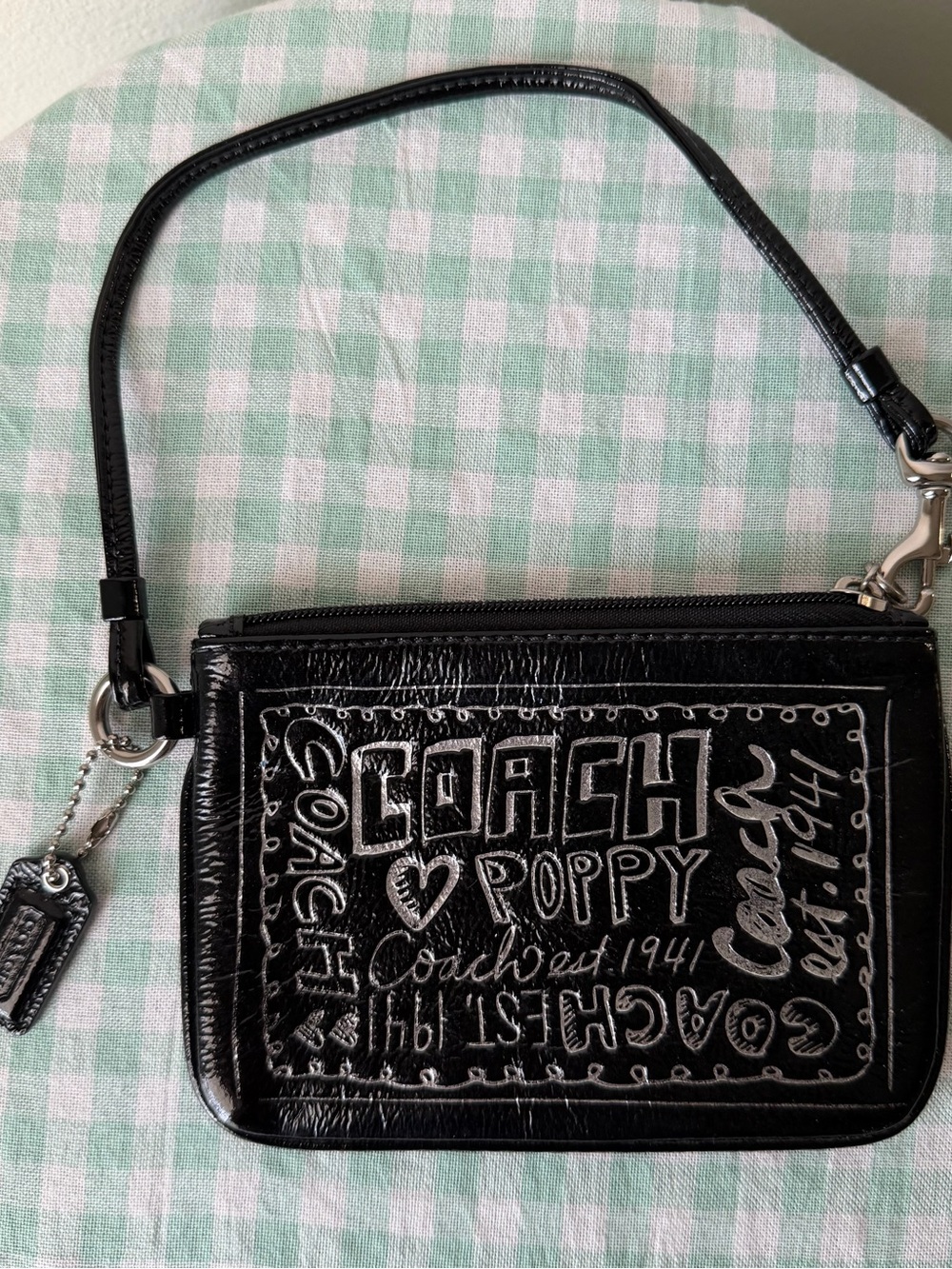 Coach Poppy Black Graffiti Patent Wristlet